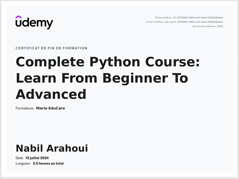 Certificat PYTHON