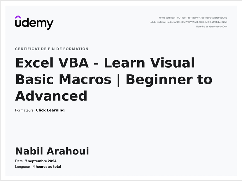 Certificat VBA